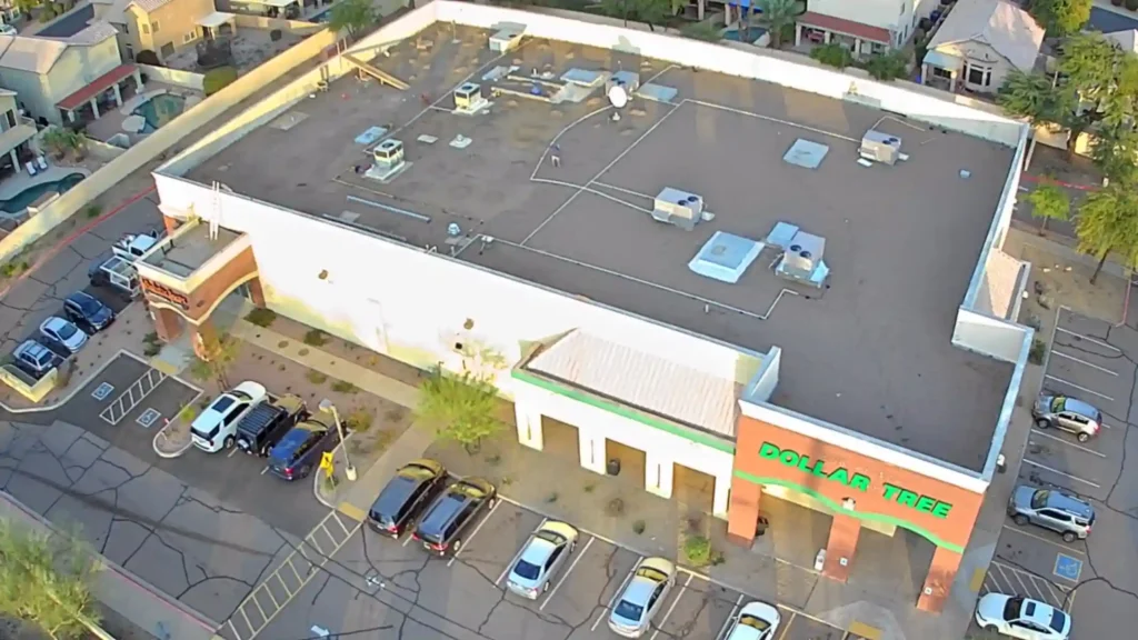 Aerial view of a commercial flat roof replacement by Raise The Roof AZ in the Phoenix, AZ area