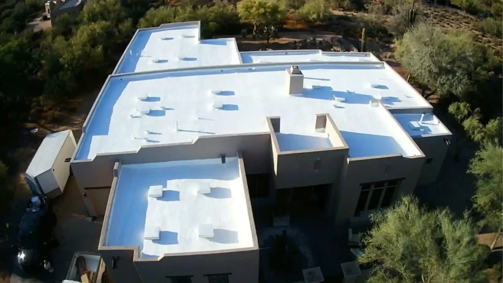 Aerial view of a commercial flat roof replacement by Raise The Roof AZ in the Phoenix, AZ area