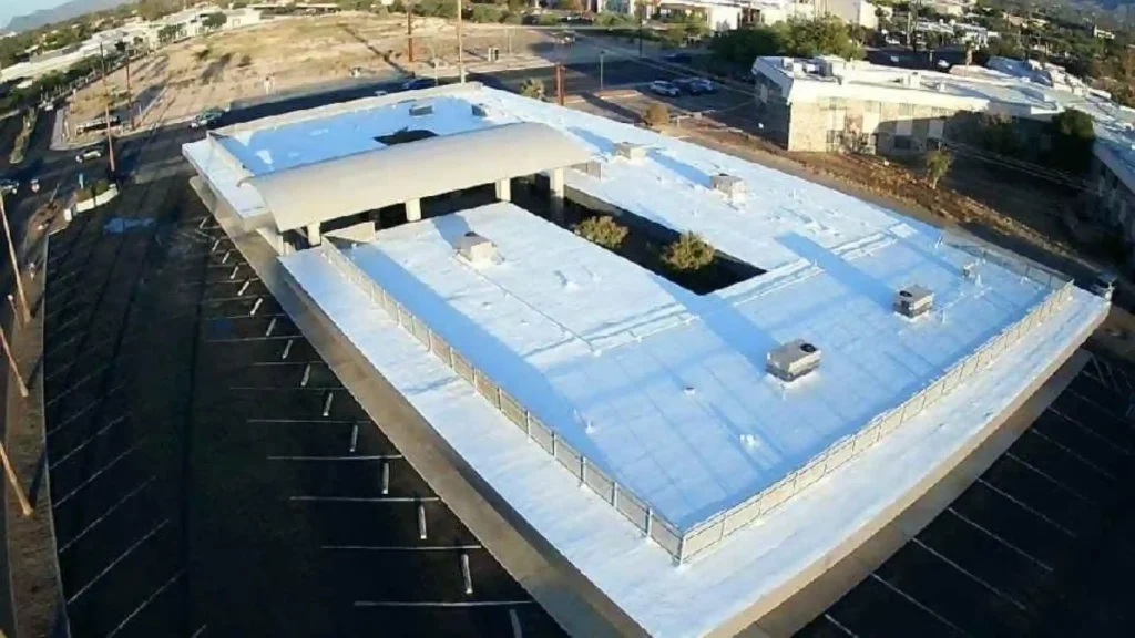 Aerial view of a commercial flat roof replacement by Raise The Roof AZ in the Phoenix, AZ area