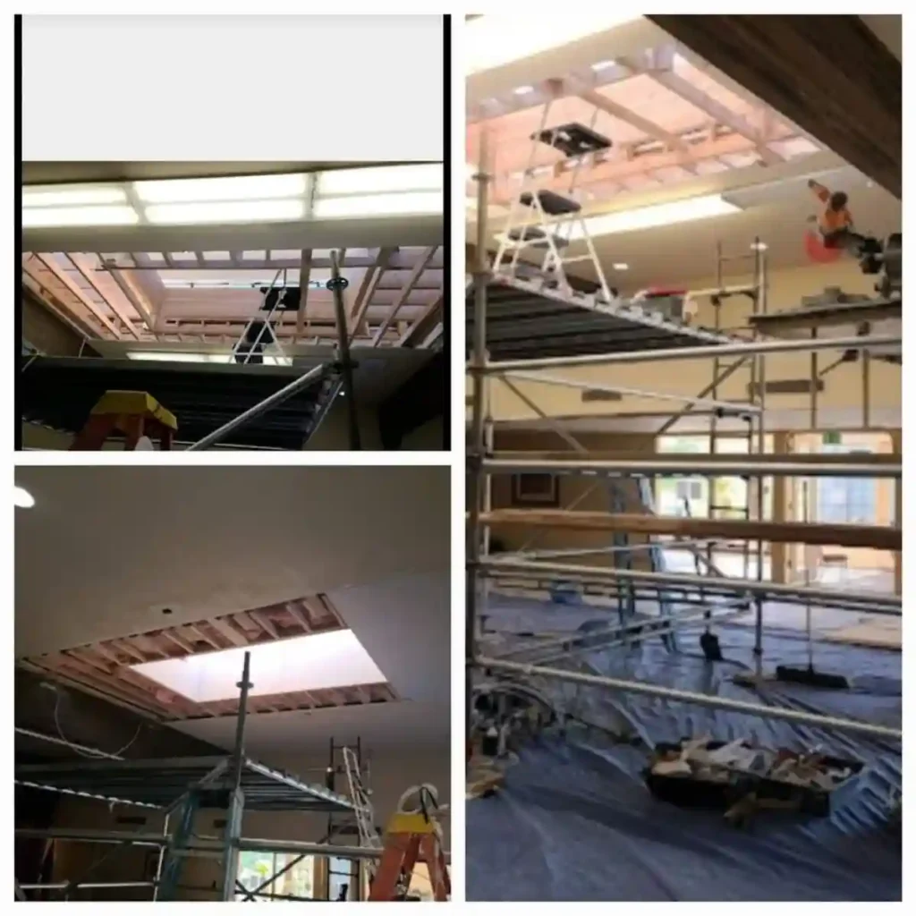 Interior of a commercial building during a roofing and structural project
