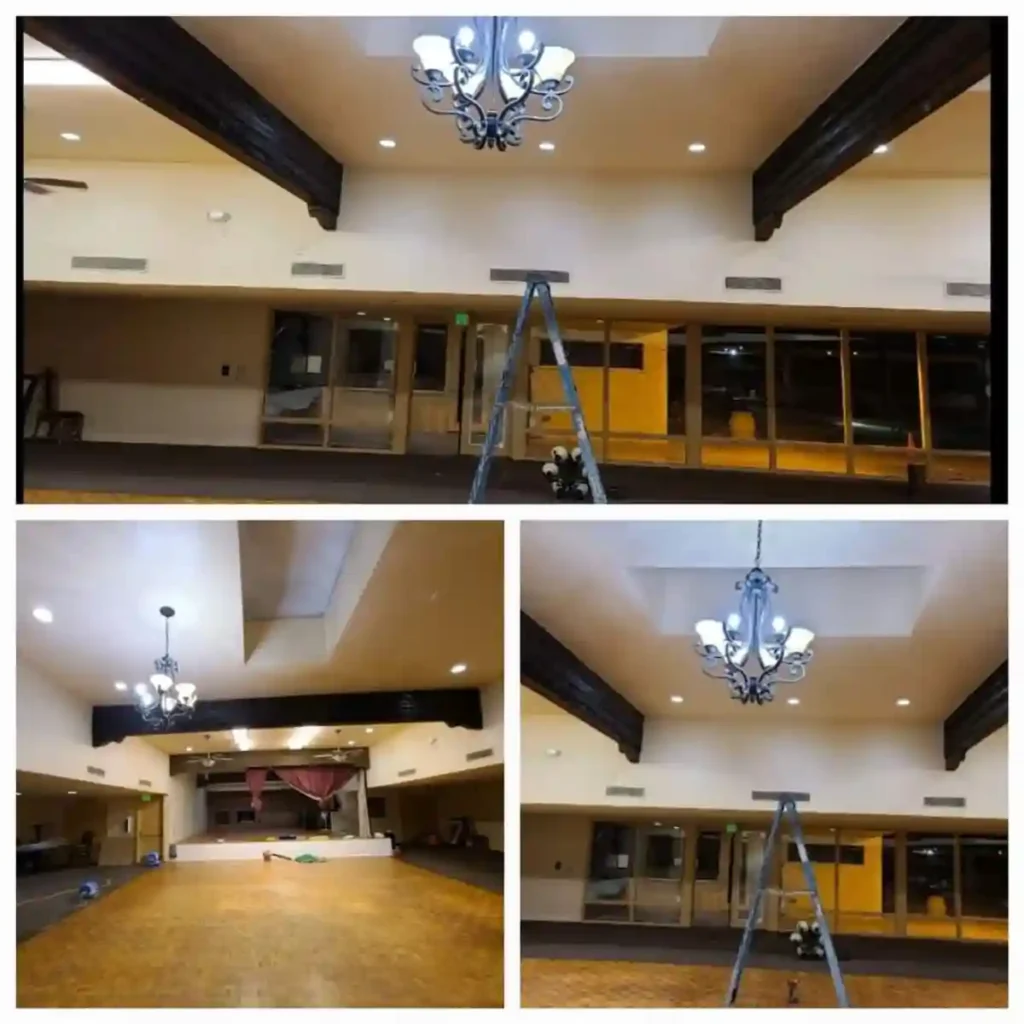 Interior of a commercial building during a roofing and structural project