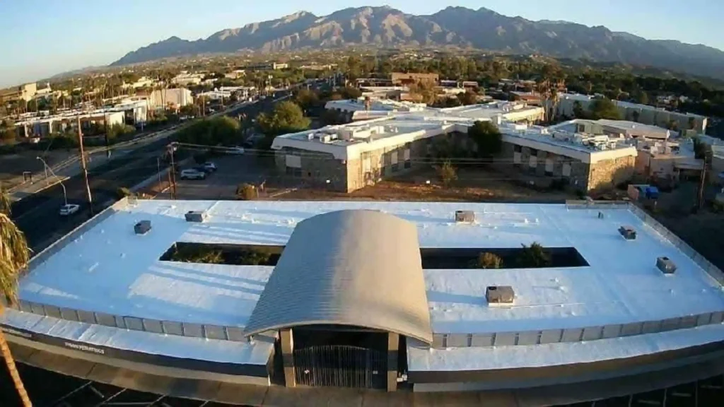 Aerial view of a commercial flat roof replacement by Raise The Roof AZ in the Phoenix, AZ area