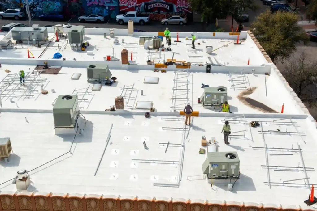 Aerial view of a commercial flat roof replacement by Raise The Roof AZ in the Phoenix, AZ area